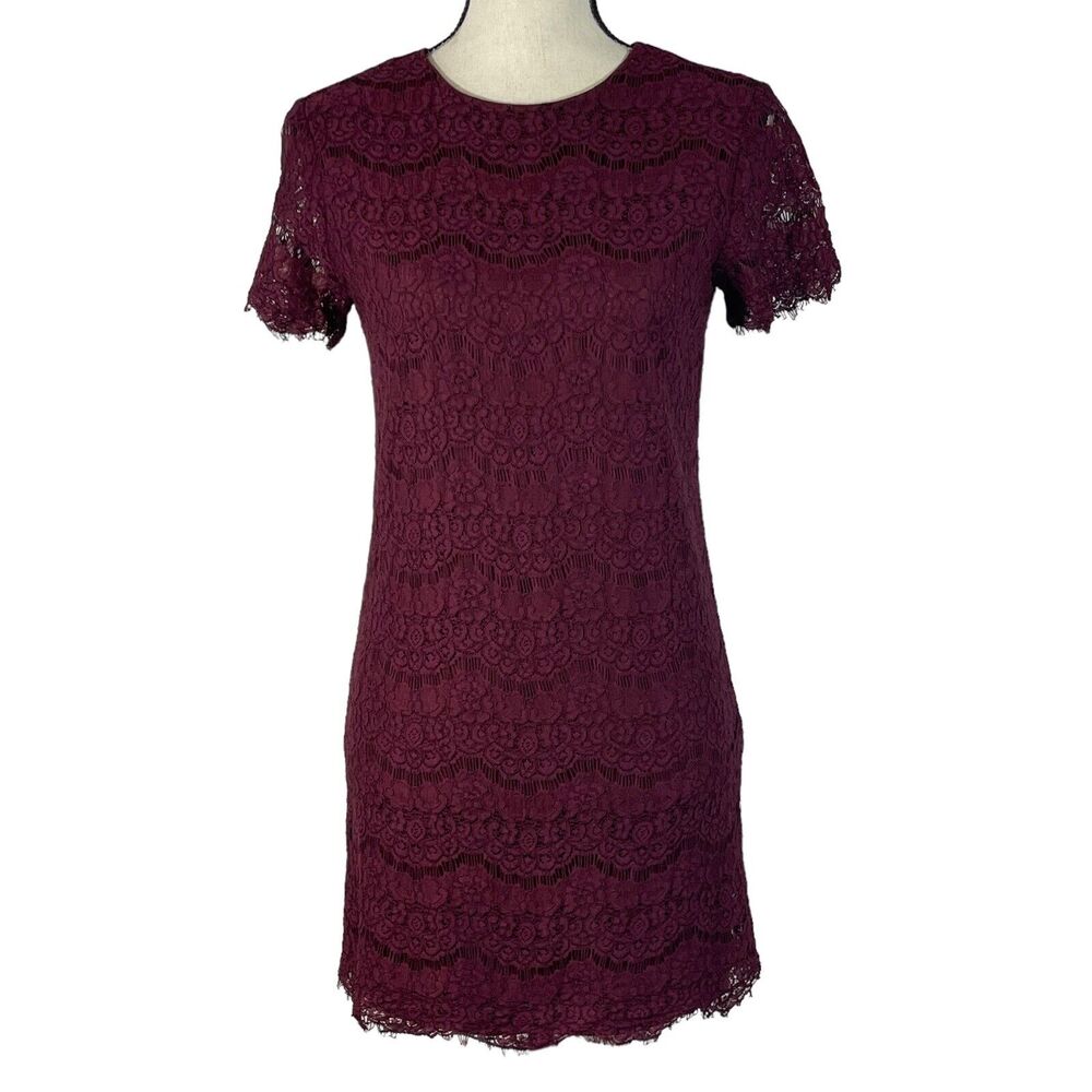 Lulus X-Small Lace Shift Mini Dress Take Me to Brunch Rounded Neck Burgundy